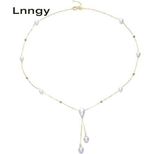 Lnngy 18K Yellow Gold Chain Pendant Natural Freshwater Pearl Pendant Necklace Link Collar Pearl Necklace Anniversary Gifts