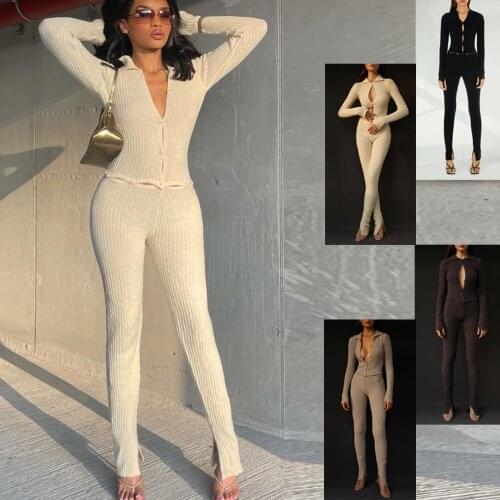 2021 autumn and winter solid color pit strip POLO collar long sleeve buttoned two-wear jumpsuit