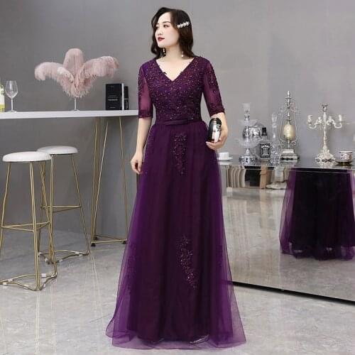Woman Evening Dresses V-Neck Plus Size Simple Embroidery Lace Up A-Line Half Sleeves Regular Flowers Patter Ankle-Length D038