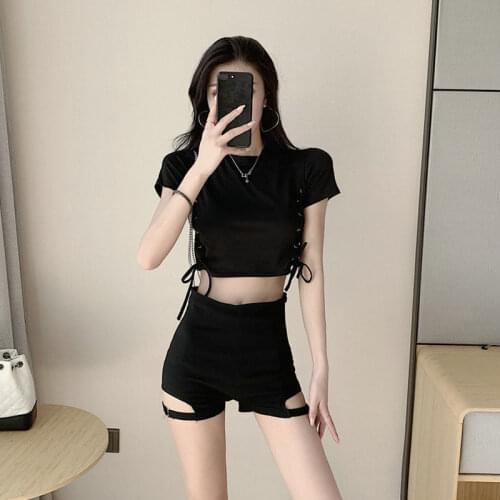 O-neck Short Sleeve Solid Sexy Crop Tops Women Fashion Dance Streetwear Party Club Female Black T-shirts 2021 Summer Y565