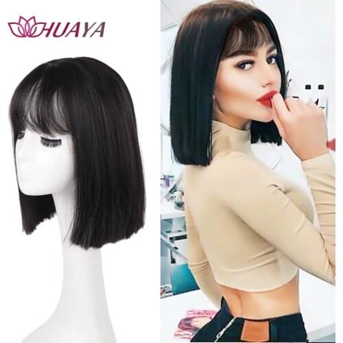 HUAYA Synthetic Short Straight BOb Wigs With Air Bangs Girls Pixie Cut Wig Natural black Heat Resistant Fiber BOb False Hair
