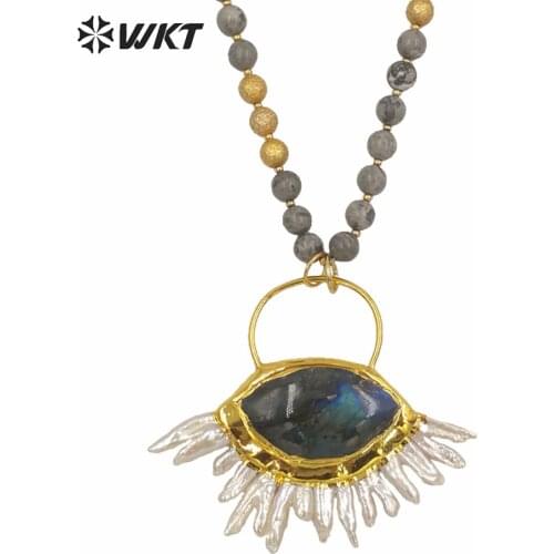 WT-N1242 WKT Women fashion 30 inch long 8mm round stone beads statement necklace big gold labradodrite long pendant necklace