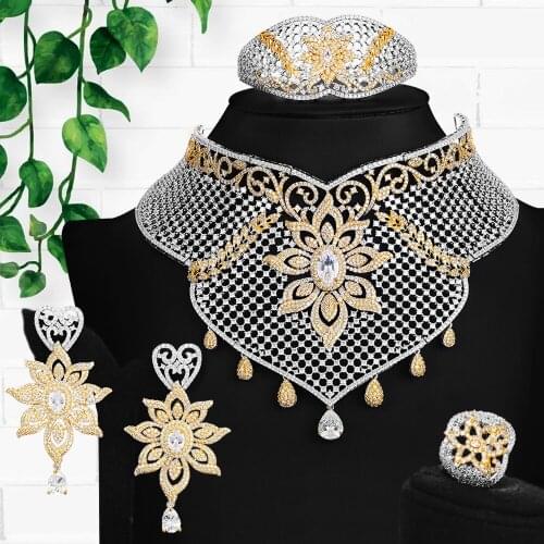 Blachette Nigerian Bridal Jewelry Accessories Hollow Necklace Bangle Earrings Ring Set 4PCS Women Mother Sister Lover Gift
