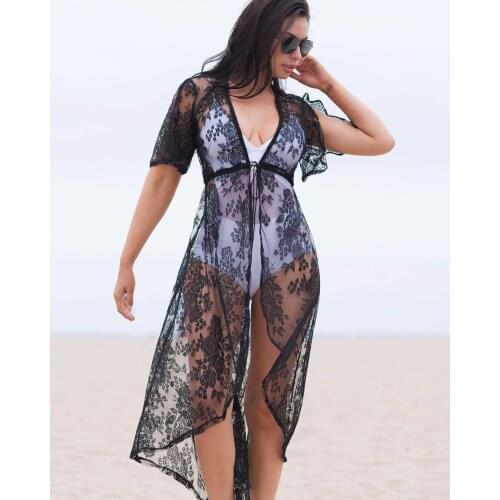 Euro-America Style Women Beach Cover Up Summer New Solid Hollow Out Lace Embroidery Beach Dress See-through Dress Sexy