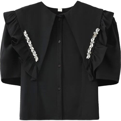 JMPRS Luxury Diamonds Women Short Shirts Designed Puff Sleeve Black White Tuxedo Shirt Fashion Summer Button Up Ladies Tops 2021