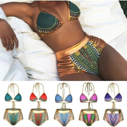 2019 New African Print Two-Pieces Bath Suits Bikini Set Sexy Geometric Swimwear Swimsuit Gold High Waist Swimming Suit