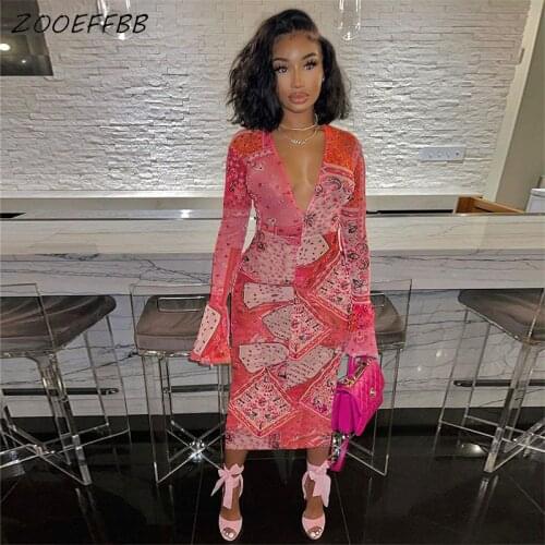 ZOOEFFBB Mesh Sheer Print V-neck Dress Women Sexy Party Birthday Club Outfits Y2k Clothes Trendy Shirt Flare Sleeve Midi Dresses