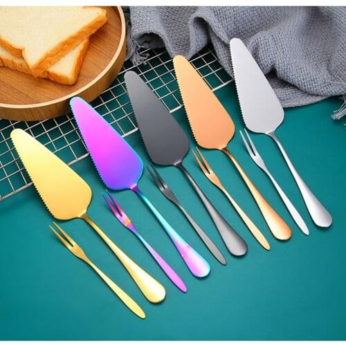 1Set Cake Shovel Dessert Forks Stainless Steel Pizza Knife Mini Fruit Fork 5 Colors Dinnerware Set Tableware Kitchen Accessories
