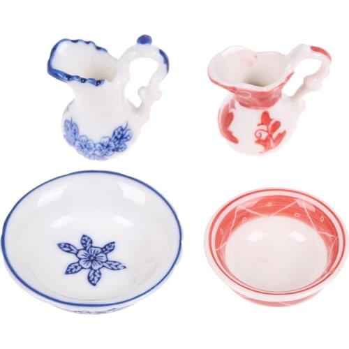 2Pcs/set 1:12 Dollhouse Miniature Porcelain Dining Ware Pot Kettle Fruit Bowl Doll House Decor