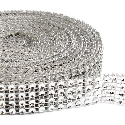 4 Rows (0.8inch Wide) Silver Diamante Diamond Effect Rhinestone Mesh Bling Ribbon Trimming Wedding Birthday Cake Accents