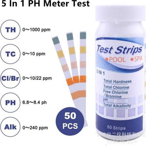 50 Pcs 5 in 1 PH Tester Strips Swimming Pool Aquarium Spa Water Measure Nitrate Chlorine Value Alkalinity Hardness TH TC CL ALK
