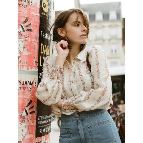 Fleur De Los Print Shirts Women Gathers Long Sleeve Tightens Cuffs Straight Fluid Blouses Autumn blouse femme nouveauté 2021