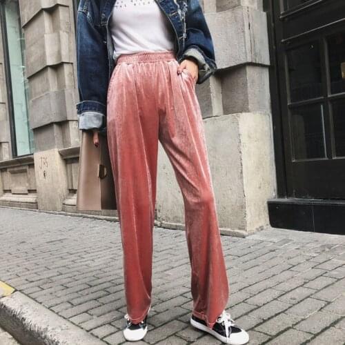 Pants Women Solid Colour Simple All-match Full Length Trousers Leisure Loose Pleuche Soft Wide Leg Pant Womens Elegant Ladies