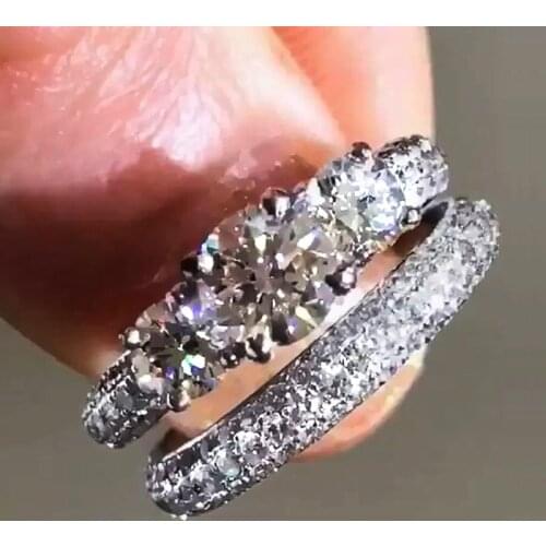 Huitan Luxury 2Pcs Bridal Set Rings for Women Full Brilliant Cubic Zirconia Silver Color Wedding Engagement Rings Trendy Jewelry