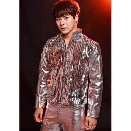 Fashion singer mens sequins leather coats silver paillette mens motorcycle leather jackets clothing drum rack male costumes