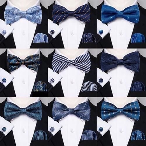 Fashion Blue Men Bowtie Set Silk Jacquard Plaid Bows Pocket Cufflinks Set Pre-Bow Tie For Men Butterfly Party Wedding LH-887