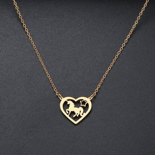 New fashion Love Heart Unicorn Necklace Exquisite Hollow Pendant Necklaces Popular Chain Collares Gifts Stainless Steel Jewelry