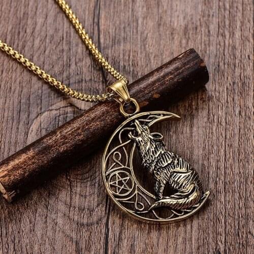 New Retro Wolf and Crescent Shape Pendant Necklace Mens Necklace Fashion Metal Sliding Pendant Accessories Party Jewelry