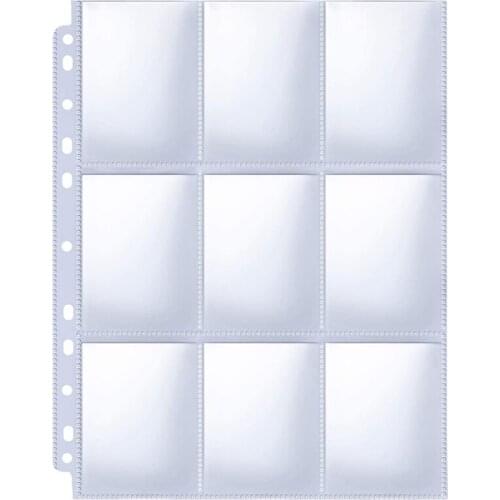 Trading Card Sleeve Pages, 100 Pack 9 Pocket Trading Card Storage Album Pages 11 Holes Fit 3 Ring Binder