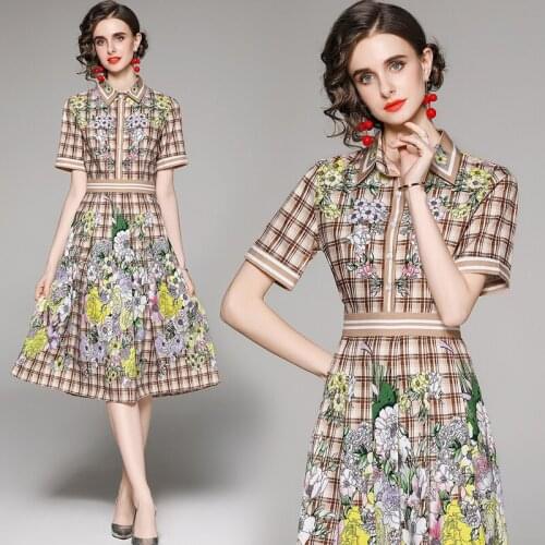 Dropshipping New Summer Vintage Floral Print Collar Short Sleeve Empire Waist Women Ladies Party Casual A-Line Knee Length Dress