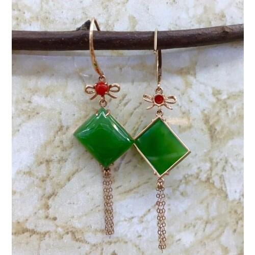 18k Gold Inlaid Russian Old Earrings, Genuine Spinach Green Earrings