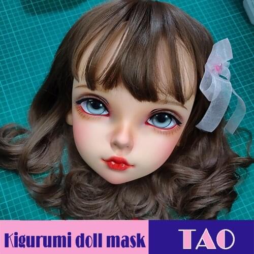 Tao-07)Female Sweet Girl Resin Half Head Kigurumi BJD Mask Cosplay Japanese Anime Role Lolita Mask Crossdress Doll Mask