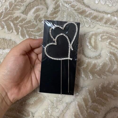 Cake Topper Romantic Crystal Rhinestone Silver Double Heart Cake Topper Wedding Decoration New Year Decor