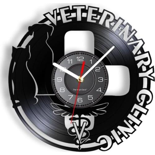 Pet Shop Veterinary Clinic Vinyl Music Record Wall Clock Symbol For Hospital Caduceus With Cat and Dog Artwork Crafts Disk Clock
