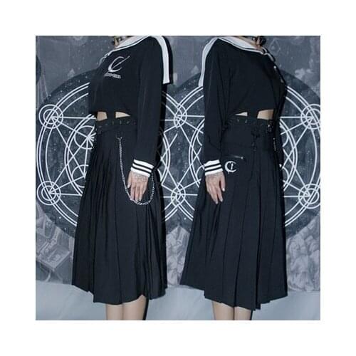 Summer Streetwear Punk Black Pleated Skirt Half-length Skirt Removable Pocket Chain Fashion Gothic Female High Waist Long Skirt