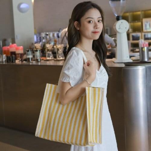 Women Stripe Canvas Bag Shopping Shopper Cloth Shoulder Bag Eco Handbag Tote Reusable Grocery Handbag Lightweight Shoulder Bags
