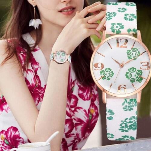Fashion Casual Floral Clover Pattern watches for women stylish luxury leather ladies wrist watch reloj mujer relogio feminino