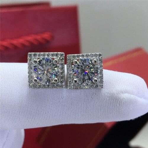 Silver 925 Excellent Cut Diamond Test Passed Total 2 Carat D Color High Clarity White Moissanite Cushion Stud Earrings for Women