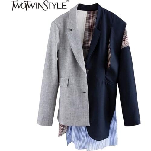 TWOTWINSTYLE Irregular Striped Blazers For Women Notched Long Sleeve Patchwork Plaid Hit Color Coats Female 2021 Autumn Clothing