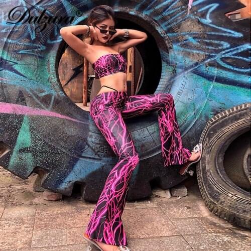 Dulzura women two piece set crop top outfits streetwear clothes sexy pants set punk lightning zebra co ord 2019 autumn winter
