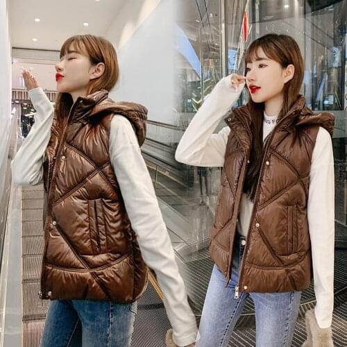 Womens autumn Winter Vest Sleeveless Jacket Warm Hooded Vest glossy Coat Waistcoat women Casual Thicken Vest Outwear