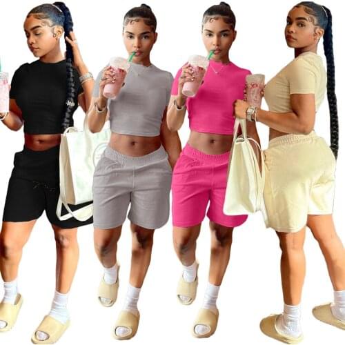 Echoine Women Fitness Sporty 2 Piece Set Solid Short Sleeve Crop Top and Shorts Matching Summer Jogger Workout Tracksuit Outfits