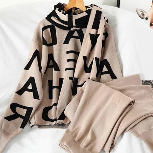 Women High Quality Knited Letter Sweater + Pants+Cape Long Scarf 3Pcs Suits Knit Pullovers Cappa Wraps Wide Leg Trousers Sets