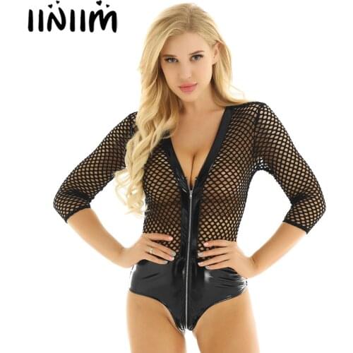 Womens See Through Fishnet Bodysuit Faux Leather Splice Deep V Neck 3/4 Sleeve High Cut Front Zipper Teddy Bodysuit Nightwear