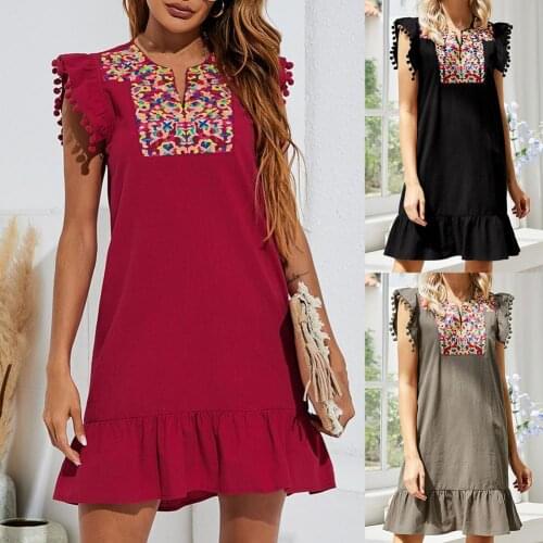 V Neck Mini Dress Floral Embroidery Print Women Ruffle Hem Sleeveless Summer Dress Ladies Clothing 2021 Vintage Dress Elegant