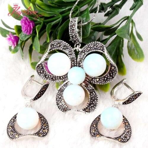 8.10mm Round Opalite Marcasite Tibetan Silver Classical Necklace Pendant 35x45mm Earrings 19x25mm Jewelry 1 Set Free Shipping