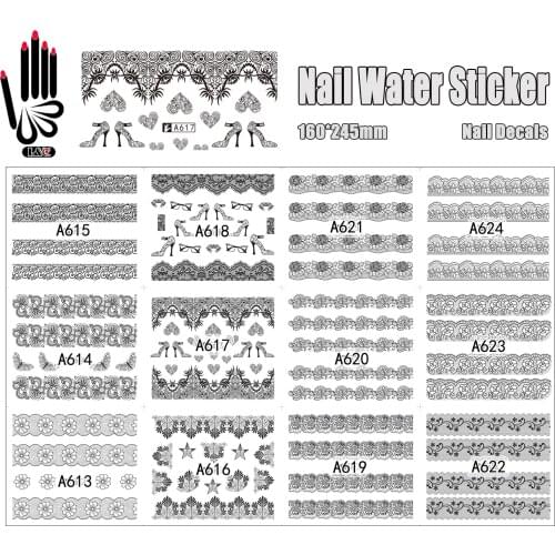 12 Sheets/Lot Nail Sticker A613-624 Black Lace Flower Star Mixed Nail Art Water Sticker Decal For Nail Art (12 DESIGNS IN 1)