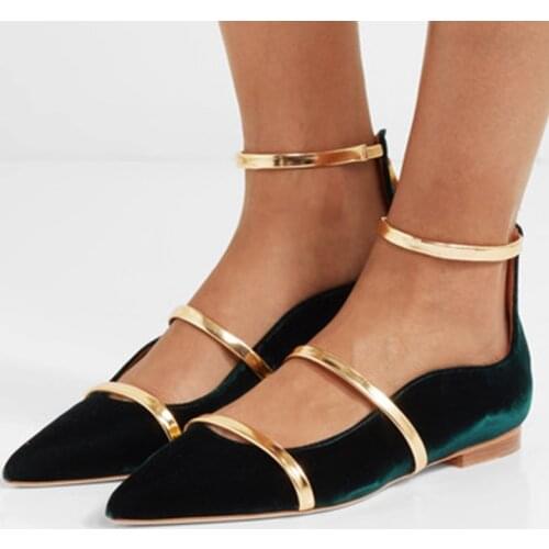 Hot Gold Silver Thin Ankle Straps Velvet Flats Shoes Spring Ladies Ink Green Blue Mixed Colors Pointed Toe Slip-On Loafer Shoes