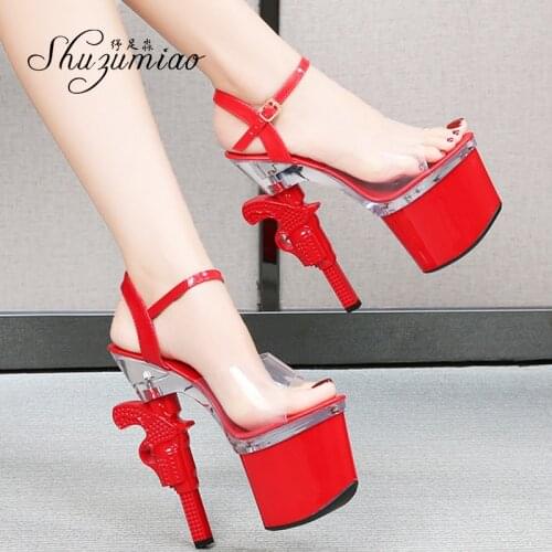 Branded Womens Shoes Stripper Heels Platform Sandals Mules High Heels 17.5 cm Transparent Strip Pole Dance Pistol Heel Size 43