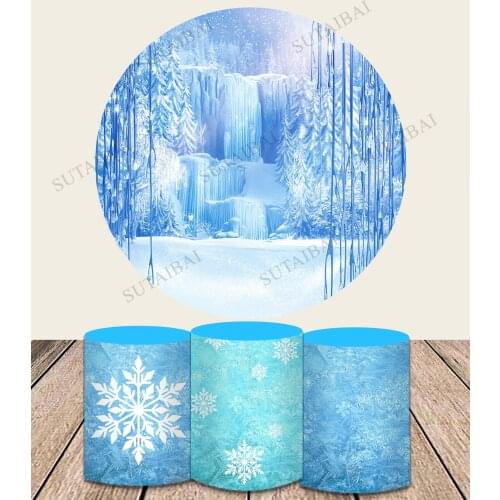 Round Circle Winter Frozen Girls Birthday Party Backdrops Snowflake Snow Ice Photography Backgrounds Cylinder Covers