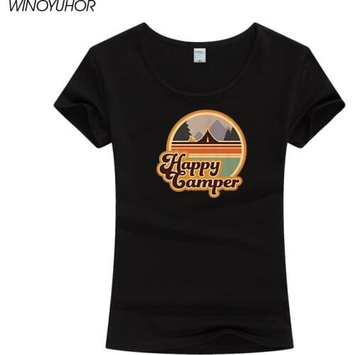 Womens Graphic T-Shirts Printed Cotton Tee Shirt Summer Short Sleeve Tops Female Clothes Happy Camper Camping Hiking Tshirt
