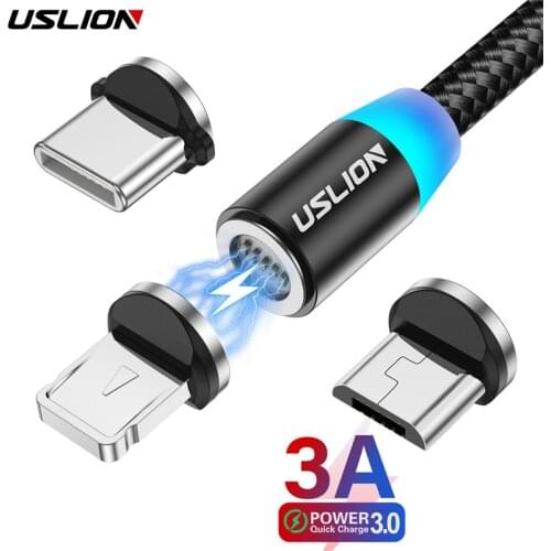 USLION 3A Fast Charging Magnetic USB Cable Type C Micro Cable LED Nylon Braided Type-C Magnet Charger For Iphone XS 7 Samsung 1M
