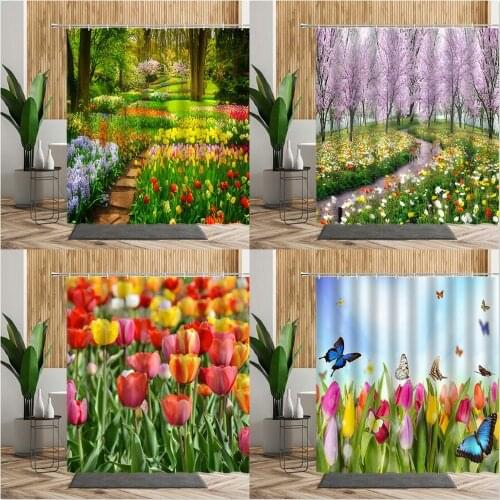 Summer Garden Flower Scenery Shower Curtain Tulip Butterfly Deer Forest Print Bath Fabric With Hook Bathroom Curtains Home Decor