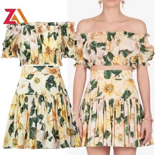 Fashion Skirt Top Set Women Summer flower Print Crop Top Sweet Short skirts slash collar blouses suit beach party two piece sets
