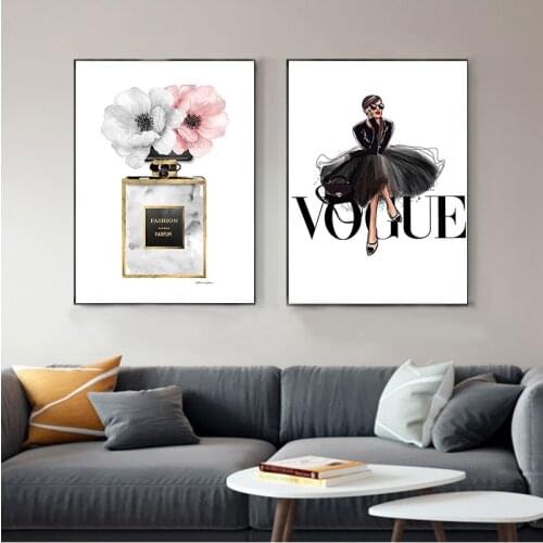 Fashion Black Dress Canvas Art Posters and Print Nordic Perfume with Flower Canvas Paintings on The Wall for Home Decor Picture
