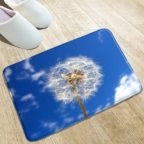 Dandelion Flower Bath Mat Floral Plant Blue White Cloud Door Kitchen Absorbent Non-Slip Carpet Front Hall Welcome Flannel Rugs